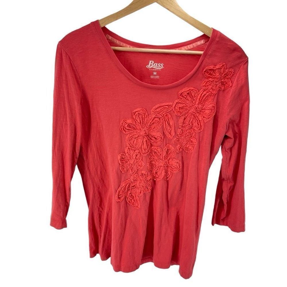 G.H Bass & Co. Women’s Cotton Textured Flower 3/4 Sleeve Top Pink Size Medium